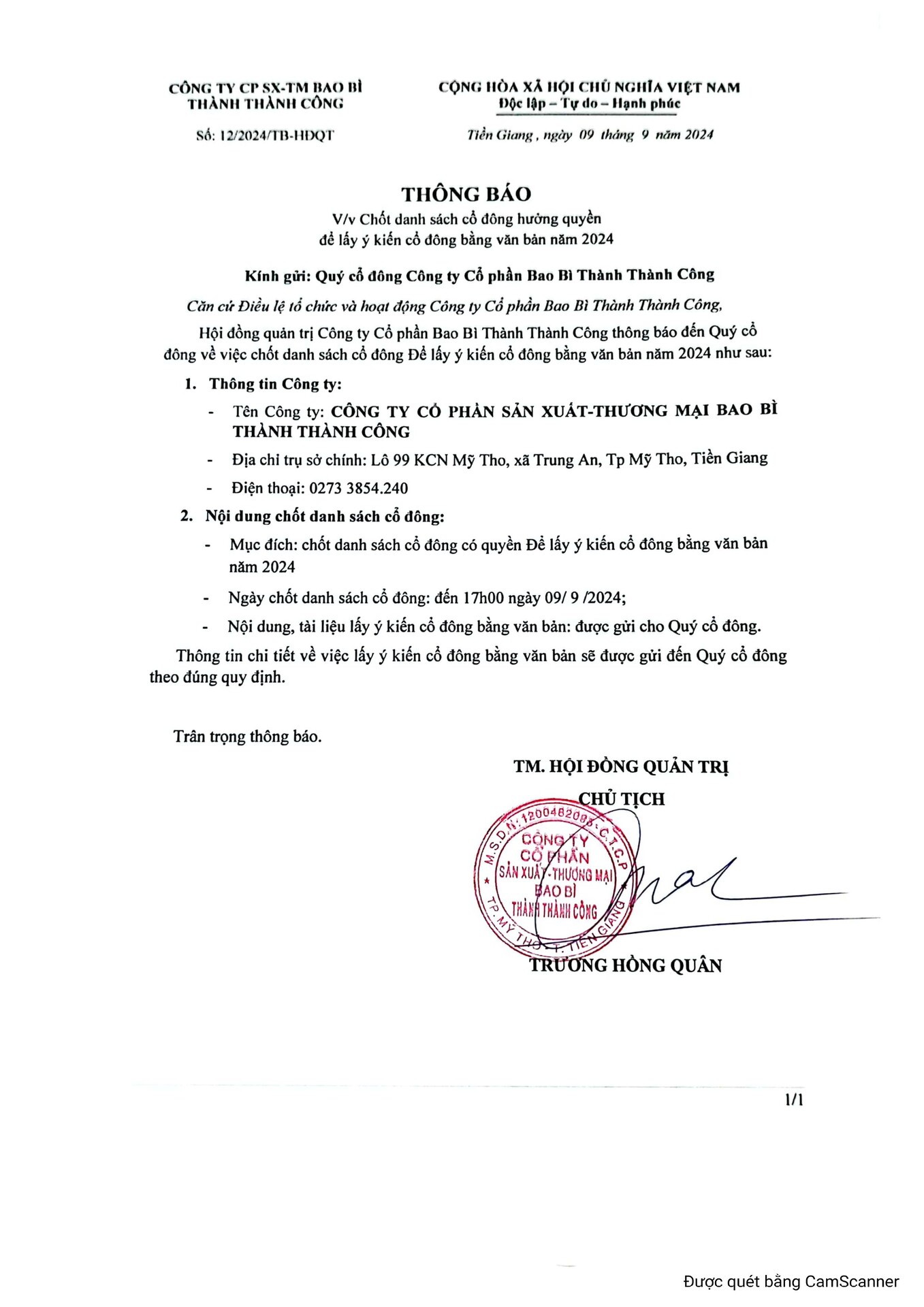 Thông báo chốt danh sách cổ đông hưởng quyền để lấy ý kiến cổ đông bằng văn bản năm 2024